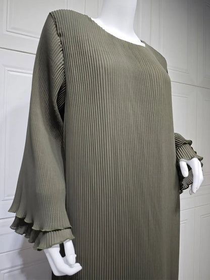 Siskakia Ramadan-Muslim Solid Wrinkle Dresses For Women's Dubai  Moroccan Petal Sleeve Abayas O-Neck Elegant Kebaya 2024