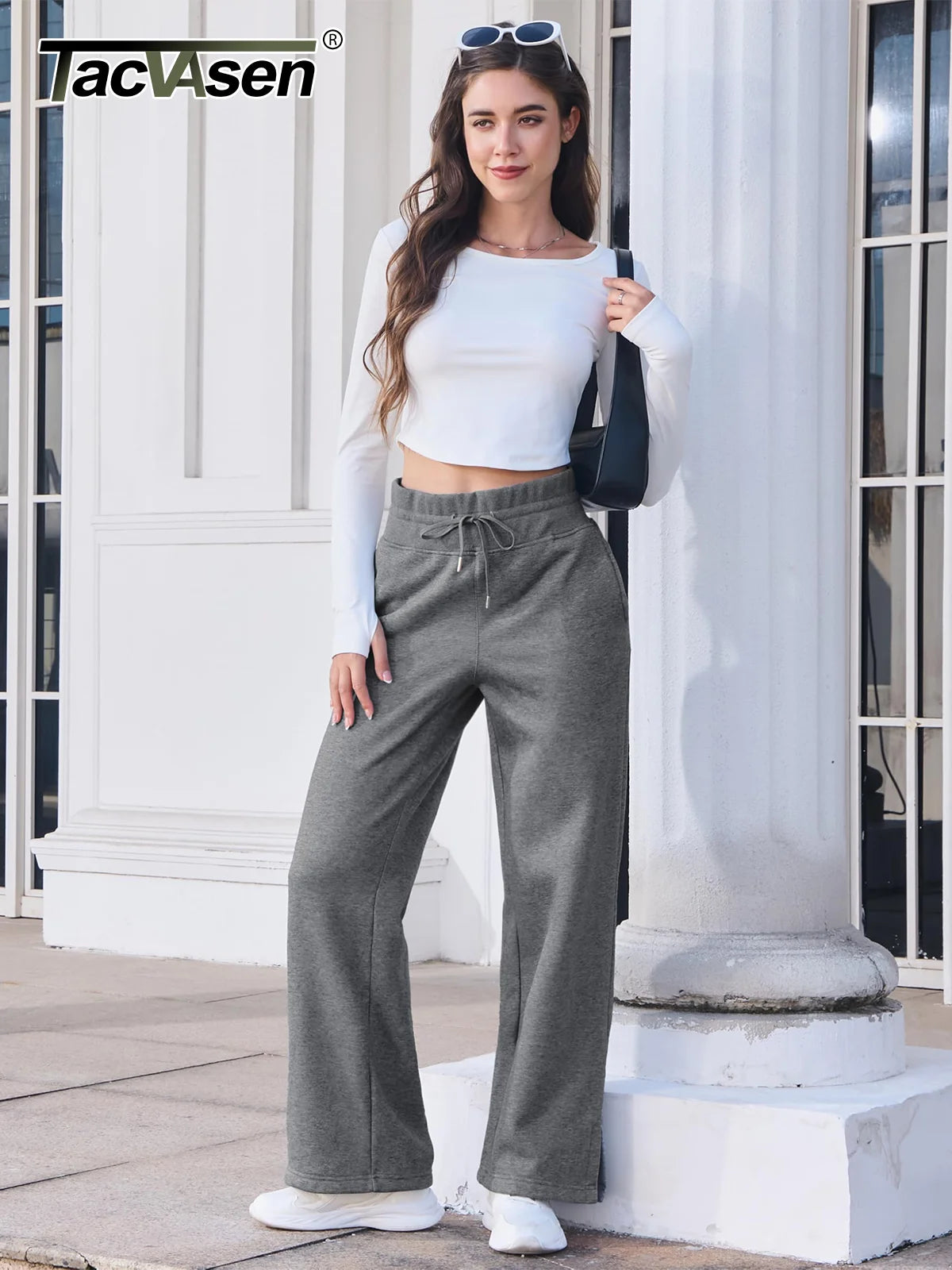 TACVASEN Fleece Hose mit weitem Bein Damenmode hoch taillierte Jogging hose Lounge hose weiche warme Winter Baggy Hose Streetwear.