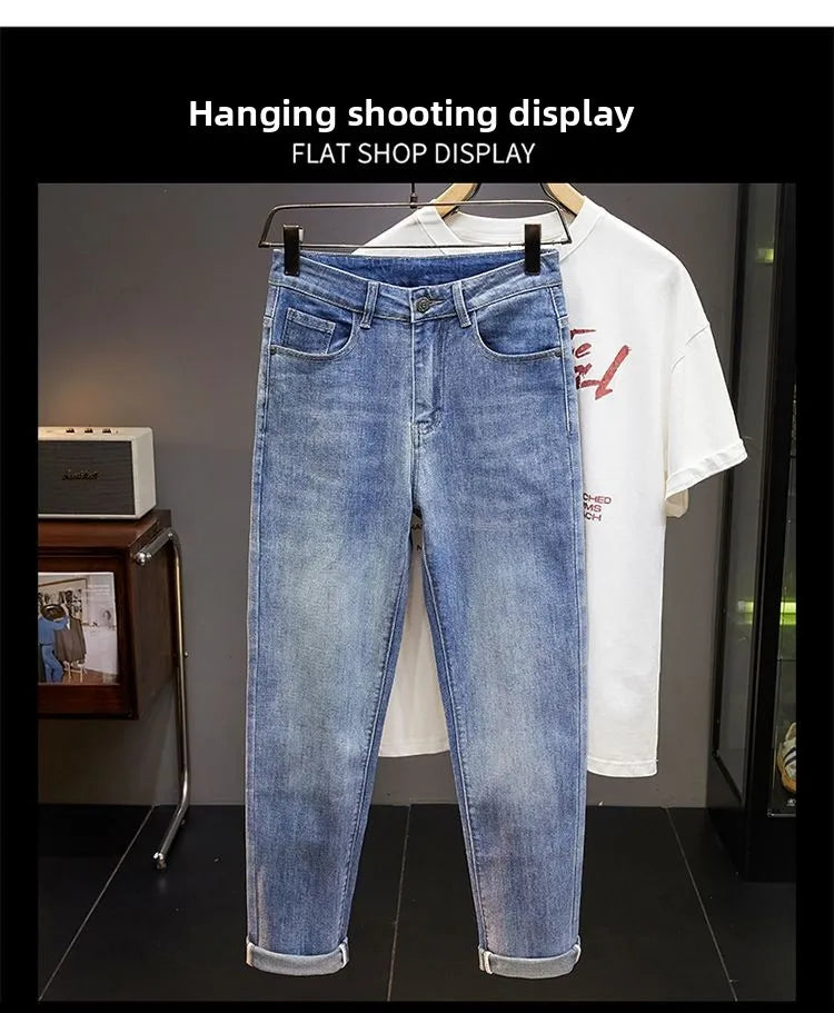 Men's Slim Straight Jeans Fashion Korean winter and Autumn Trousers Comfortable Elastic Blue Fitted Business Casual Denim Pants.