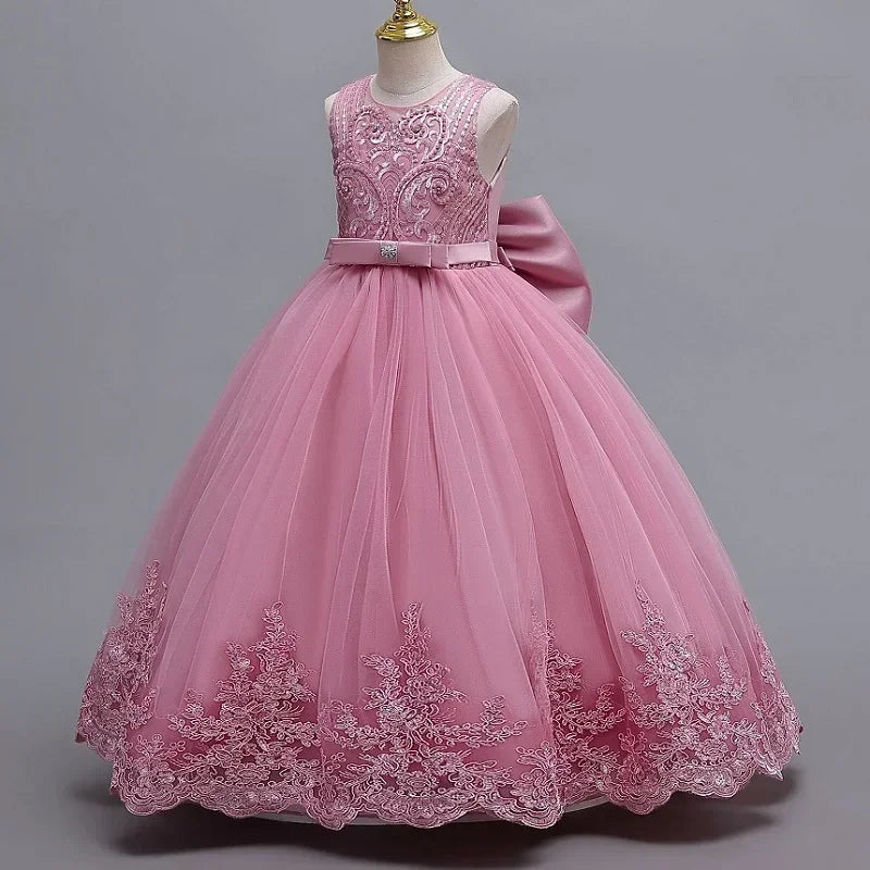 Gesticktes Mesh-Hochzeitskleid, Blumenmädchen-Performance-Mädchenkleid, 4–12 Jahre altes Mädchen-Prinzessinnenkleid mit großer Schleife.