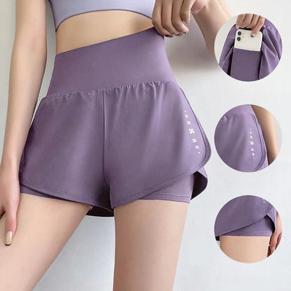 Women Yoga Pocket Shorts Fake Two Piece Anti Peek Shorts High Elastic Loose Fashion Casual Gym Trainning Three Point Pants
