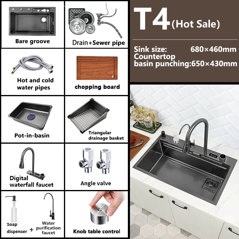 Waterfall Sink Kitchen Stainless Steel Topmount Sink Large Single Slot Wash Basin With Multifunction Touch Waterfall Faucet