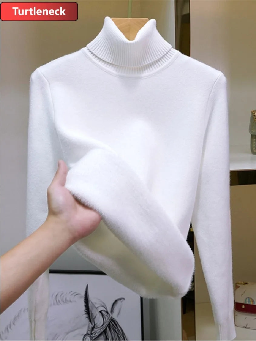 Pullover Für Frauen Winter Verdicken Rollkragen Schlank Stricken Pullover Neue Warme Plüsch Samt Gefüttert Strickwaren Jumper Tops Casual Poleras