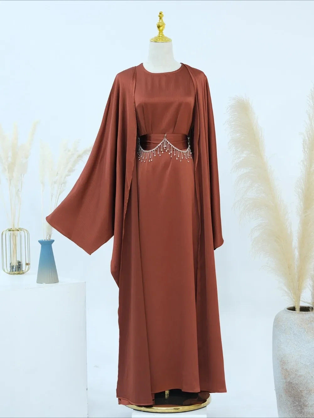 Ramadan Muslim Women 2 Piece Set with Chain Party Dresses Abaya Eid Jalabiya Sashes Diamond Morocco Dubai Kaftan Cardigan Robe