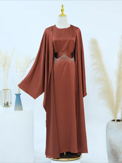 Ramadan Muslim Women 2 Piece Set with Chain Party Dresses Abaya Eid Jalabiya Sashes Diamond Morocco Dubai Kaftan Cardigan Robe