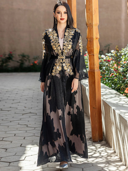 Fashion Lace Embroidered 2 Piece Set Robe Belt Abaya Dubai Kaftan Women Muslim Dress Morocco Caftan Ramadan Kebaya Jalabiya Gown.