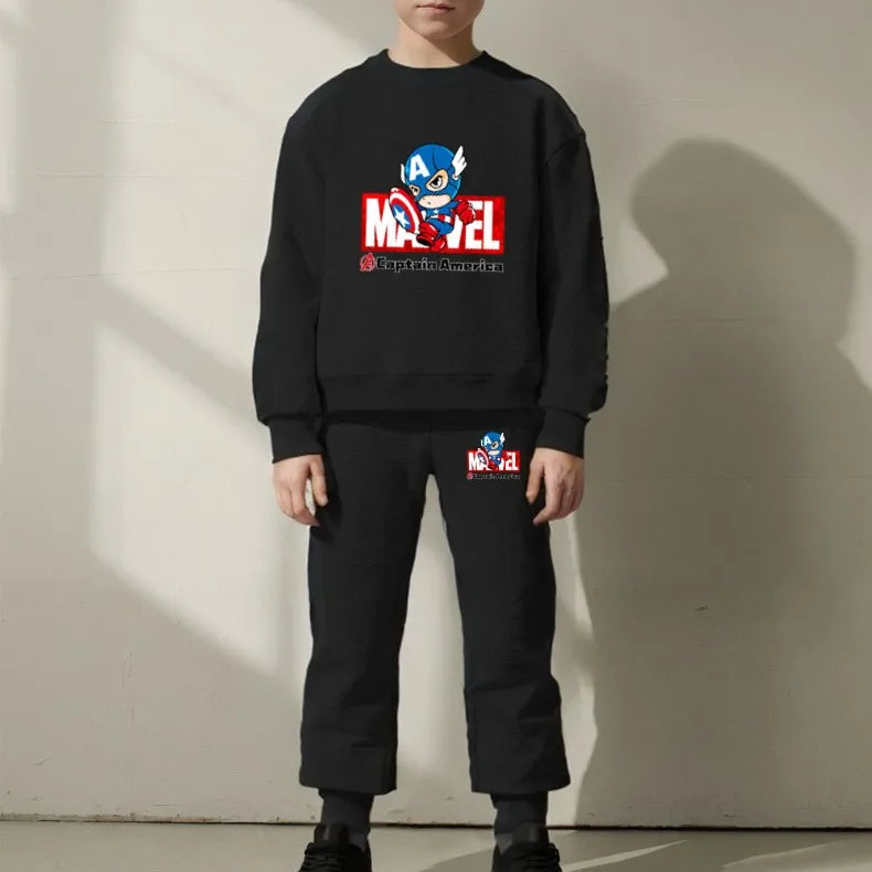 Marvel Spring/autumn Children's Clothing  Sets Captain America Boys O Neck Hoodies Pants Two Piece Casual Pullover Set for Kids.
