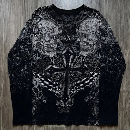 Retro Cross Print American T-shirt  Cotton Round Neck Breathable Shirt Hip Hop Couple American Goth Cross skull print  T Shirts.