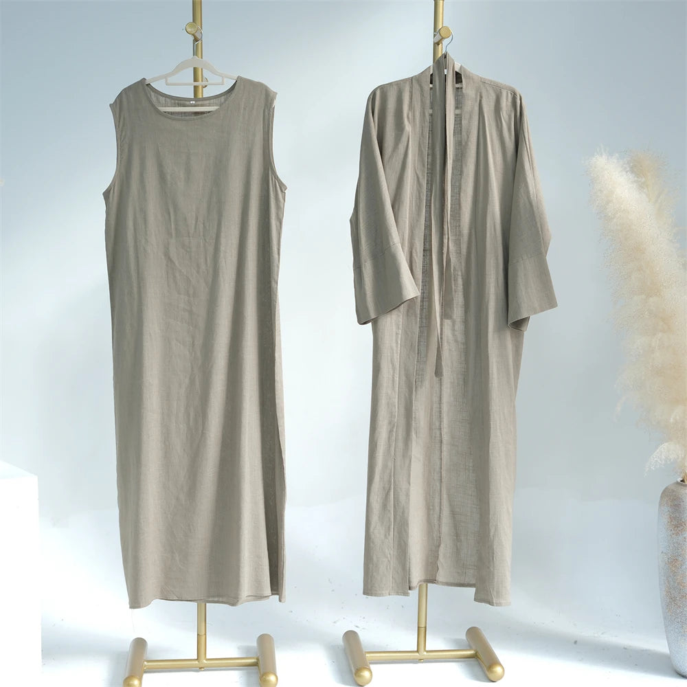 Eid Summer Cotton Linen Kimono Coat Dubai Open Abaya 2024 Muslim for Women Set Retro Kaftan Modest Dresses Islam Clothing Kebaya