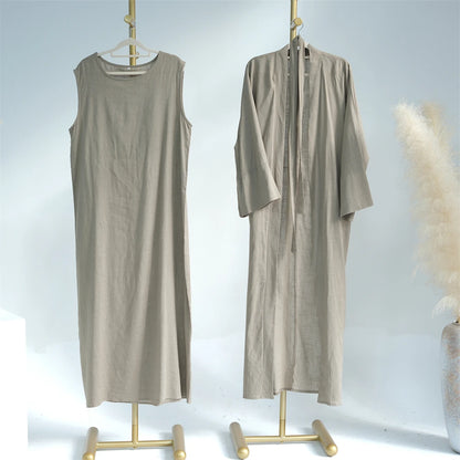 Eid Summer Cotton Linen Kimono Coat Dubai Open Abaya 2024 Muslim for Women Set Retro Kaftan Modest Dresses Islam Clothing Kebaya