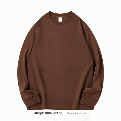 Spring Autumn 300g Heavy-duty Pure Cotton Long Sleeved  T-shirt FLoose White Top Thick Base Layer Underneath for Men and Women.