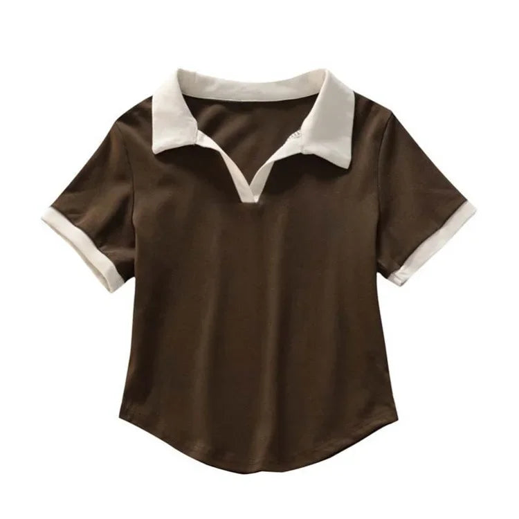 Summer Short Sleeve V-Neck Polo Shirt Women's Short Style Cotton Lycra Ribbed Top Bright Color Block 220g 40 Denier.