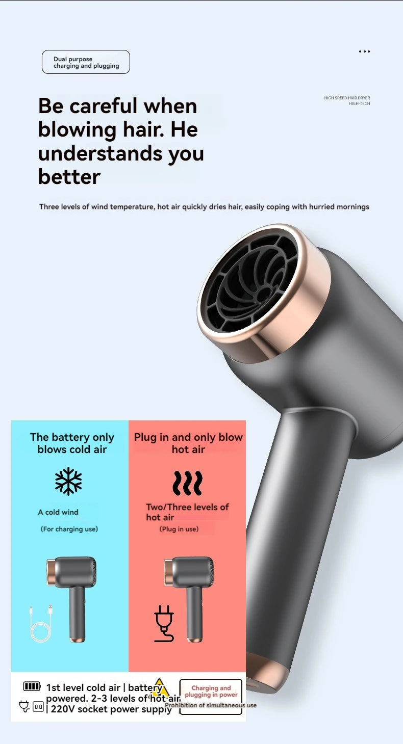 Wireless charging hair dryer for household use, high-speed negative ion hair dryer, high-power bladeless hair care, quick drying.