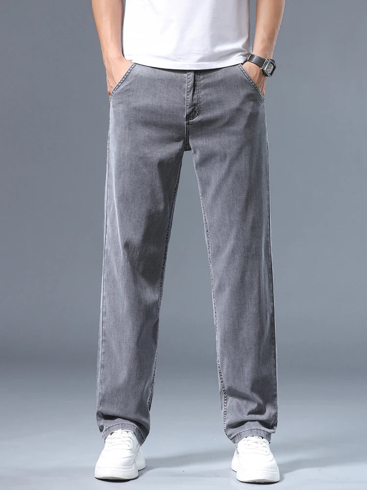 Summer Thin Men's Loose Straight Jeans Lyocell Soft Drape Business Casual Trousers Classic Smoke Gray Brand Ice Silk Pants