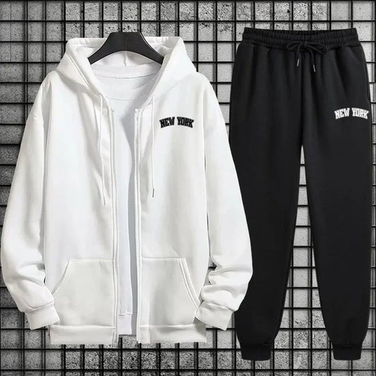 2025 Street Style Men Tracksuit Set 2pcs Zipper Hoodie Sweatpants Urban Streetwear Outfit Autumn Winter City Vibes Sportswear.