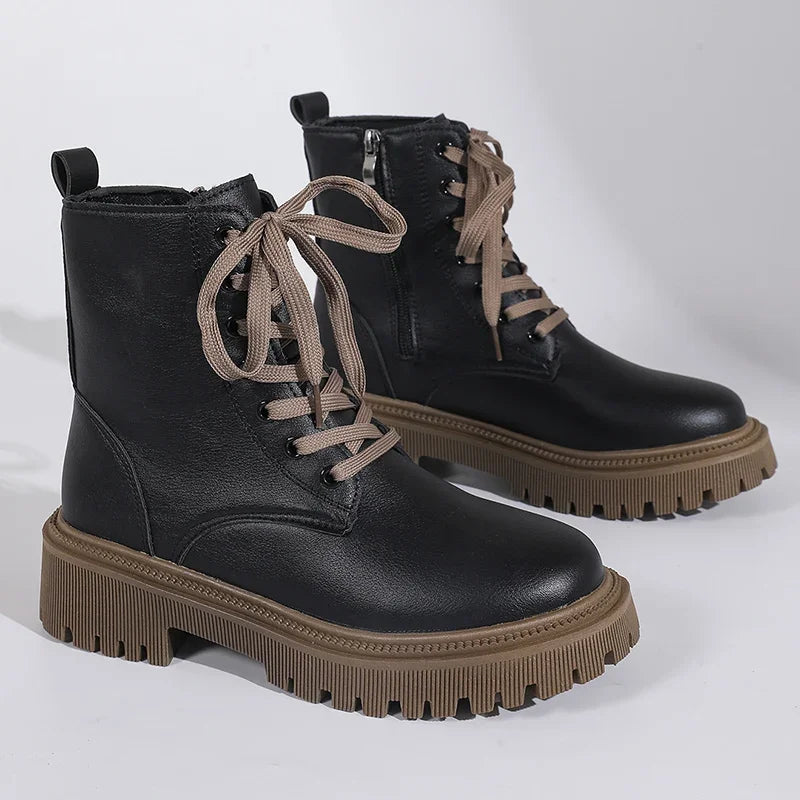 Autumn Winter Short Plush Ankle Boots Women Fashion Lace Up Pu Leather Platform Boots Woman Thick Sole Motorcycle Botas Mujer 42