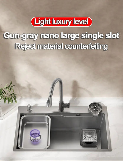 Thickening 304 stainless steel nano-coated Kitchen Sink Large-Capacity Single Sink Wear-Resistant Grey tank