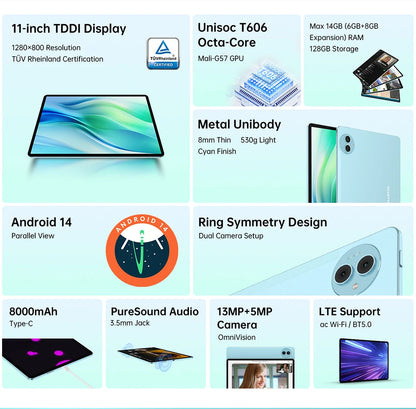 Teclast P50 Android 14 Tablet 11" IPS Max 14GB RAM 128GB ROM Unisoc T606 8-core 13MP Camera 8000mAh Type-C 4G LTE TÜV Rheinland.