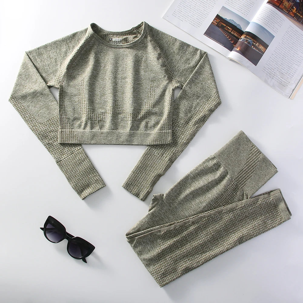 2pcs Sports Yoga Suit Gym Women Running Sports Long Sleeve Leggings Bicycle Clothing Outdoor Sports Leisure Suit.