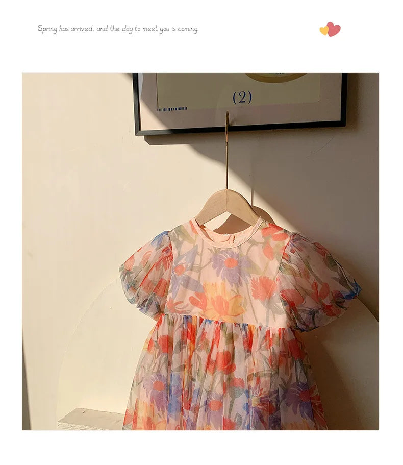 2023 sommer Kinder Kleidung Puff Sleeve Blumen Druck Kleid Für Mädchen Mesh Kinder Kleid für Mädchen