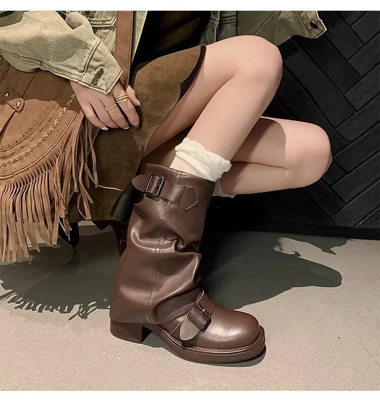 Pleated Buckle Knight Boots for Women Autumn Brown PU Leather Mid Calf Boots Woman Slip-On Thick Heel Riding Botas Mujer 2024.