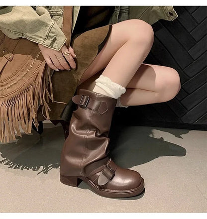 Pleated Buckle Knight Boots for Women Autumn Brown PU Leather Mid Calf Boots Woman Slip-On Thick Heel Riding Botas Mujer 2024.