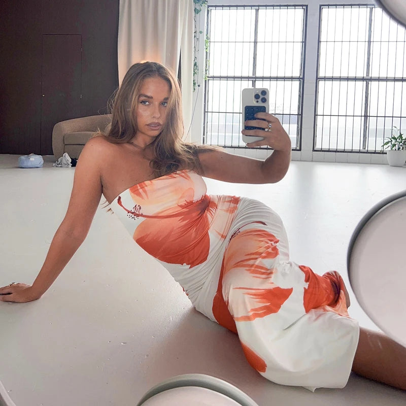 CUTENOVA Damen 2024, neues, mit Blumenmuster bedrucktes, schlauchloses Kleid, lässig, Urlaub, schulterfrei, schlank, Strand, bodenlang, langes Kleid.