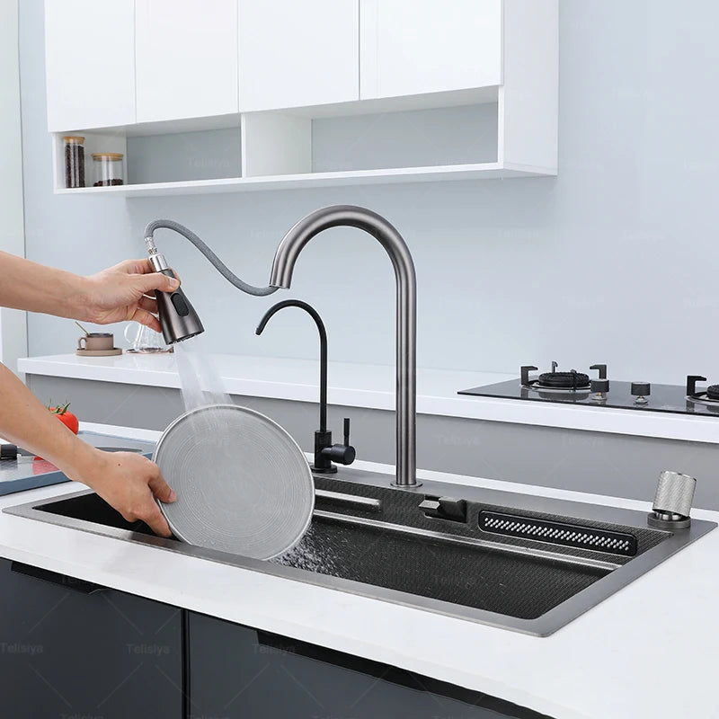 Stainless Steel New Kitchen Sink Household Piano Keys Multifunctional Waterfall Large Single Slot Dish and Vegetable Wash Basin