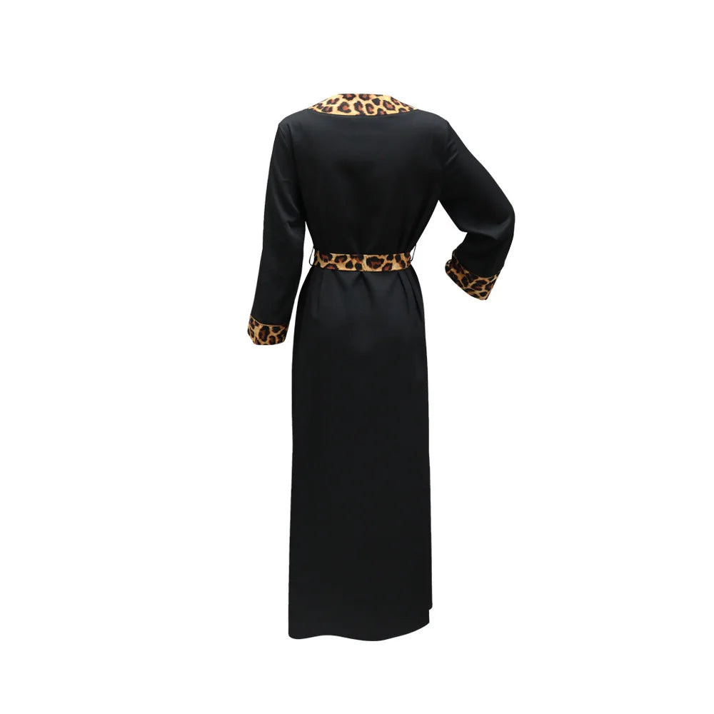 Elegantes arabisches Frauen-Partykleid, afrikanischer V-Ausschnitt, Leopardenmuster, langärmelig, Abaya, modische muslimische Dame, Urlaubskleid, islamische Kleidung