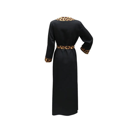 Elegantes arabisches Frauen-Partykleid, afrikanischer V-Ausschnitt, Leopardenmuster, langärmelig, Abaya, modische muslimische Dame, Urlaubskleid, islamische Kleidung