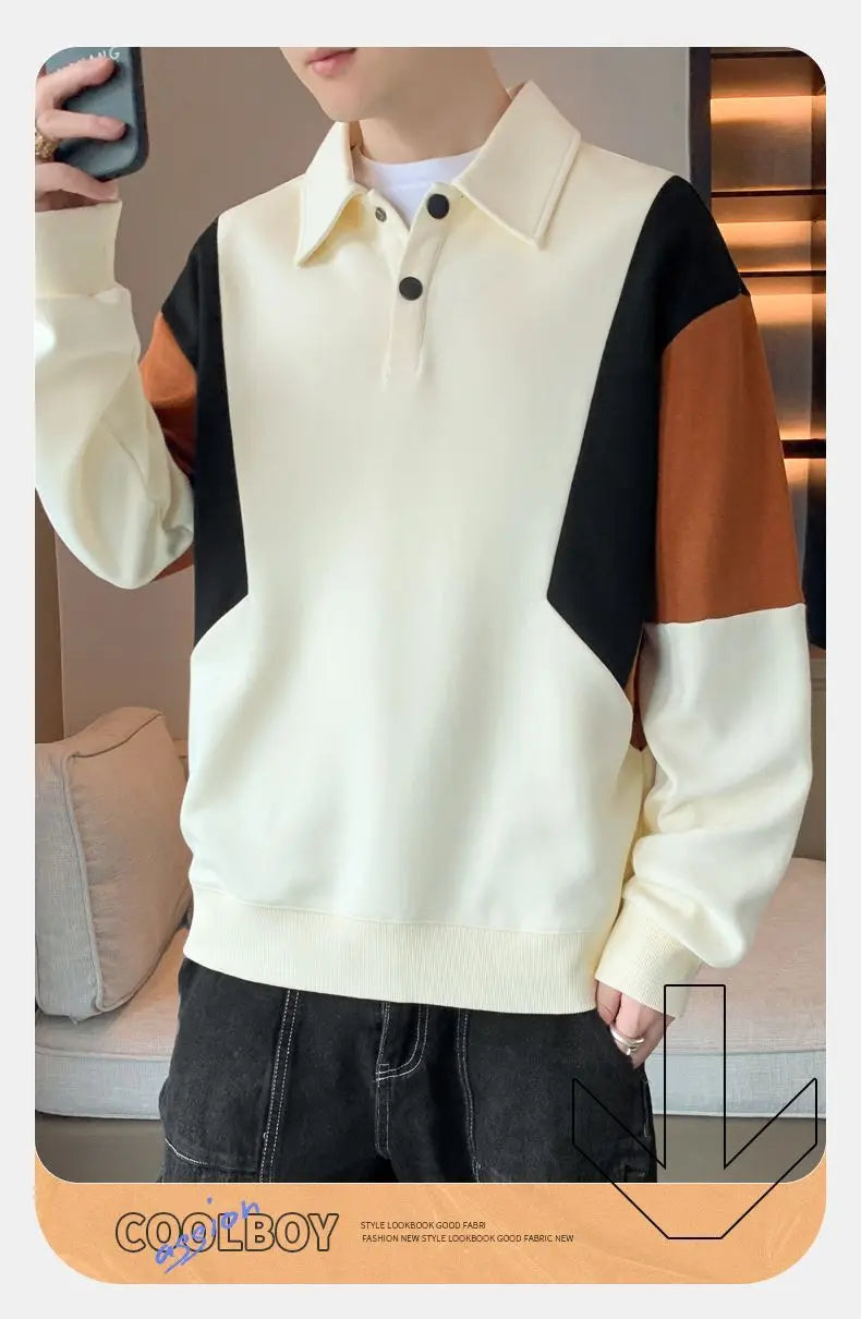 Contrast Patchwork Trend Loose Polo Neck Hoodies Sweatshirts Men's Spring Autumn Long Sleeve Casual Tops Fashion Korean Clothing.