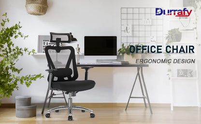Durrafy Ergonomischer Bürostuhl, Schreibtischstuhl mit Kopfstütze, Armlehnen, Drehstühle mit 90er ° -130 °   Liegefunktion (abschließbar)