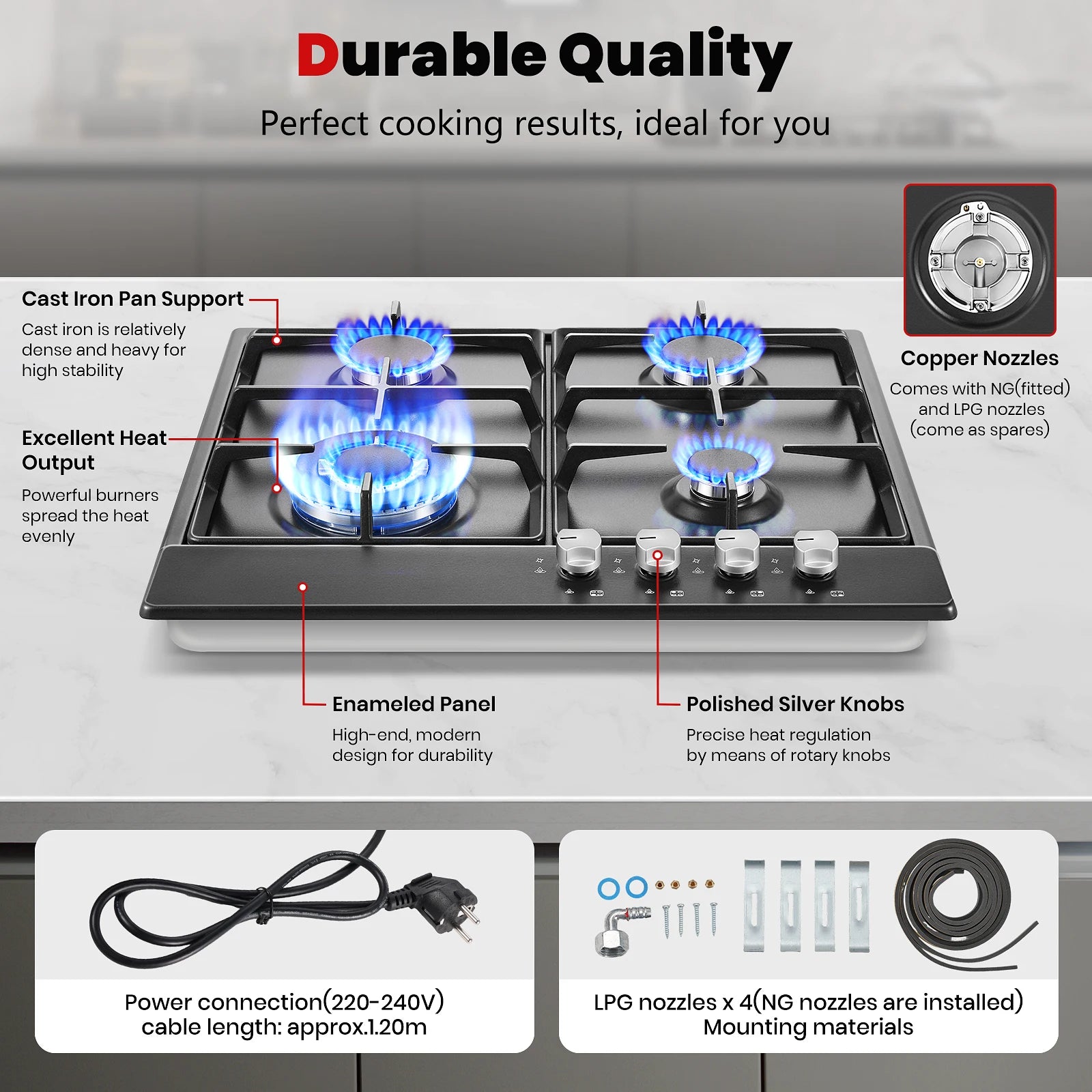 4 Burners Black Enamelled Plate 58 cm Automatic Flame Protection, Natural Gas and Propane Gas, Built-in Gas Hob.