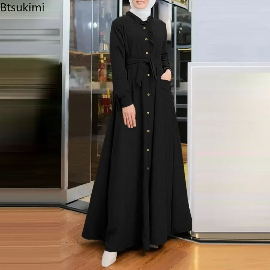2025 Fashion Arab Style Lace-up Maxi Dress for Women Muslim Abaya Vintage Plain Long Dresses Hijab Islamic Robe Elegante Femme.