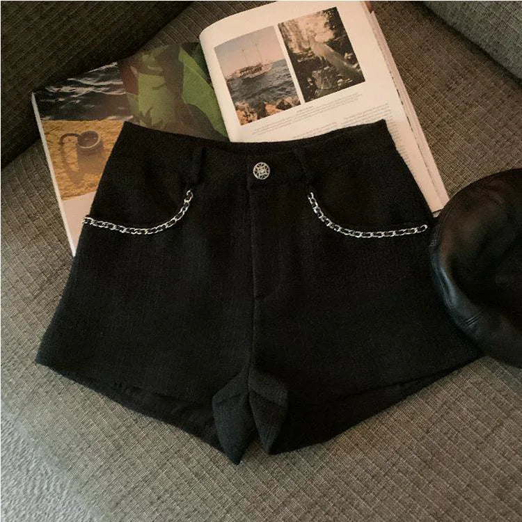 Fashion Tweed High Waist Women Shorts Autumn Winter Slim Office Woolen Black Shorts Women