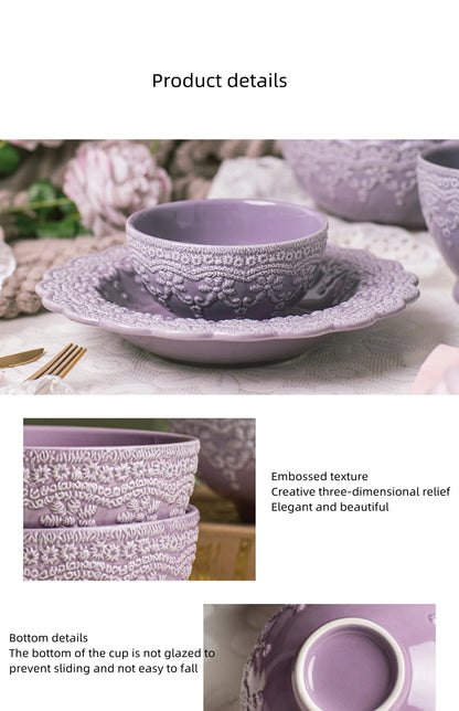 Solid Color Ceramic Tableware Lace Embossed Ceramic Tableware Bowl Plate Cup Rustic Irregular Dinner Plate  Dinner Plates.