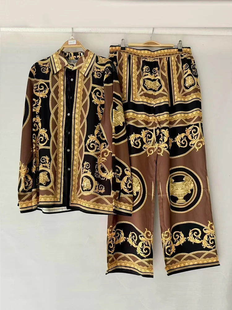 2025 Spring women's retro geometric print lapel loose long-sleeved shirt two-piece + elastic waist wide leg pant suit.