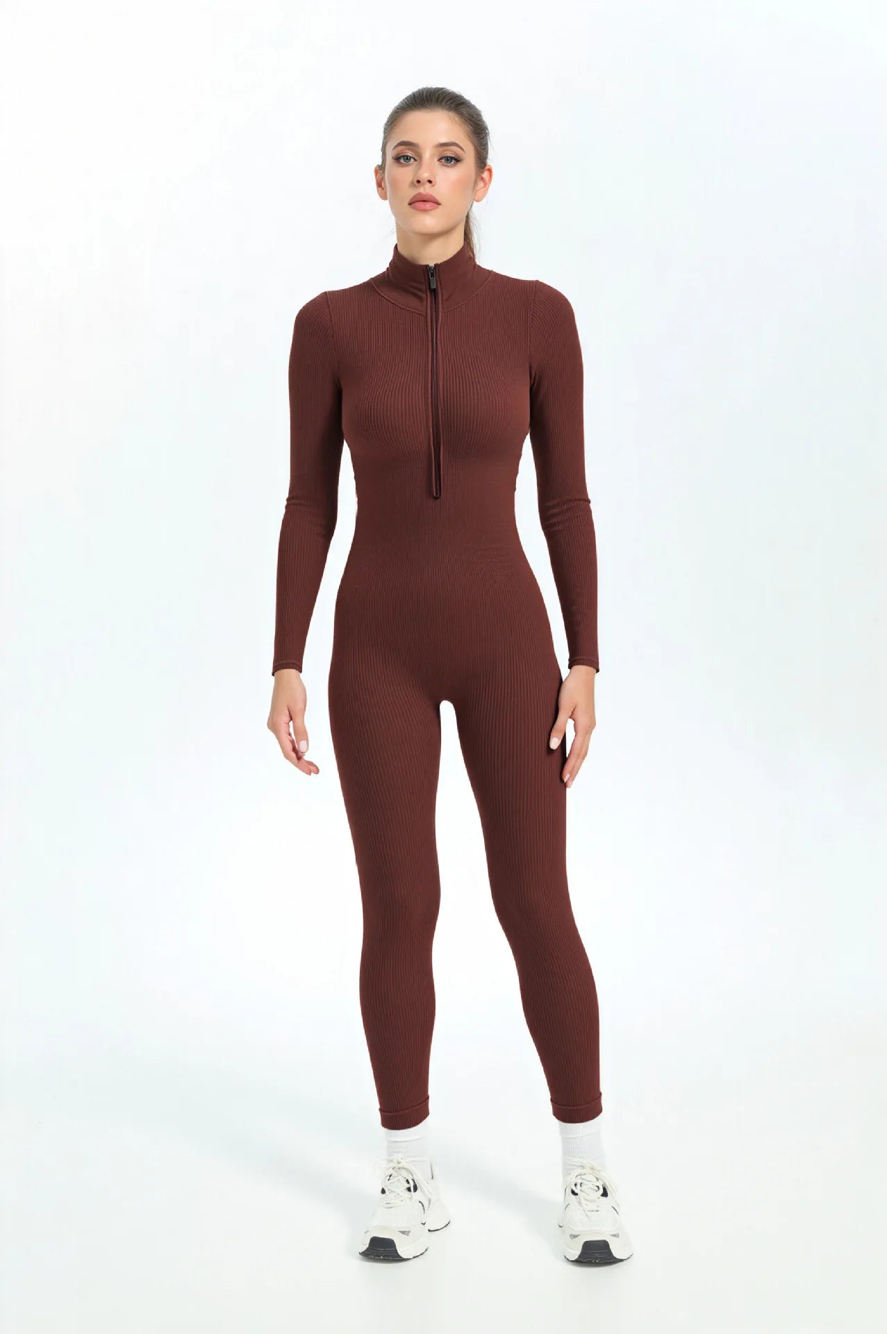 Seamless Ribbed Knit Bodysuit Women Zip Up Stand Collar Long Sleeve Thumbhole Yoga Romper Winter Thermal Workout Outfit.