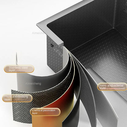 Küchenspüle aus Edelstahl mit Wasserhahn, Digitalanzeige, große Einzelschüssel, Wasserfall, Regen, 5-Funktionen-System, Spülbecken, Spüle