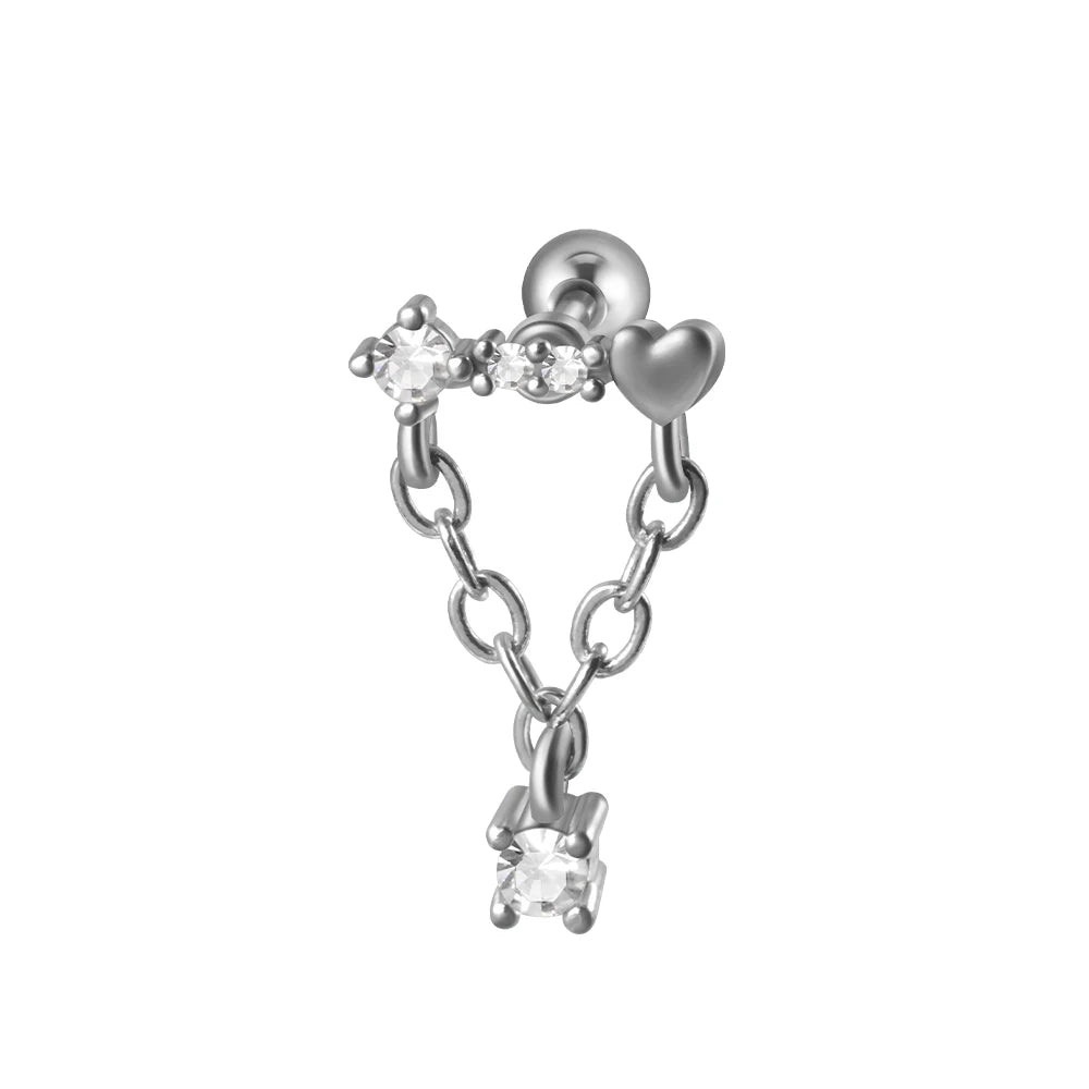 1PC 316L Surgical Steel Star Water Drop Heart CZ Chain Ear Cartilage Tragus Helix Stud Earring Daith Lobe Piercing Body Jewelry