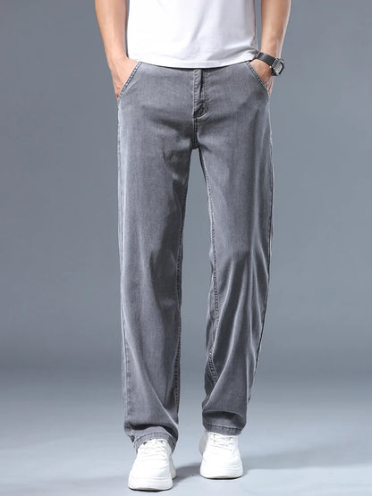 Summer Thin Men's Loose Straight Jeans Lyocell Soft Drape Business Casual Trousers Classic Smoke Gray Brand Ice Silk Pants.