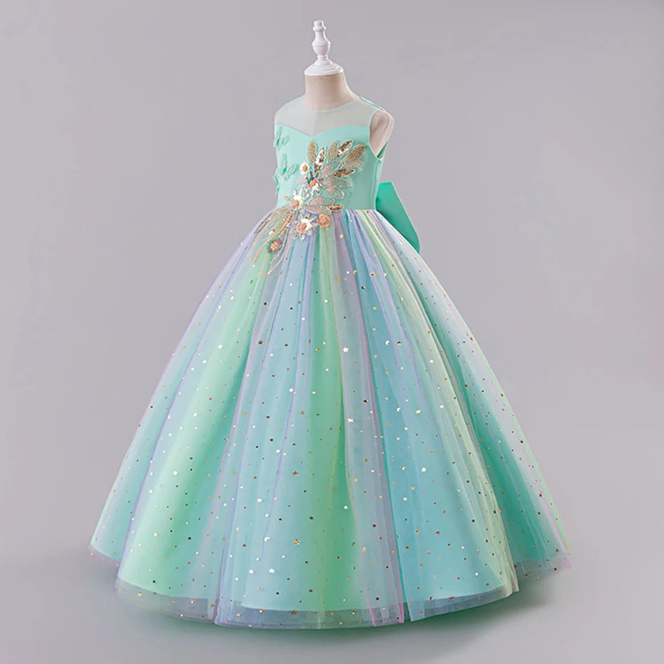 Elegantes, ärmelloses Tüll-Ballkleid für Kinder, Bühnenaufführungen, Hochzeiten, Weihnachten, Mädchenkleider, Mädchen-Prinzessin-Partykleider