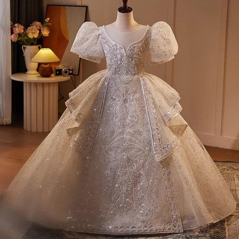 2025 Mädchen Neue Mode Prinzessin Kleid Große Kinder Weiß Klavier Leistung Puffy FormalParty WearParty Tragen Kleid Host Outfit Geburtstag
