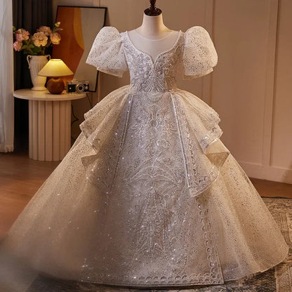 2025 Mädchen Neue Mode Prinzessin Kleid Große Kinder Weiß Klavier Leistung Puffy FormalParty WearParty Tragen Kleid Host Outfit Geburtstag
