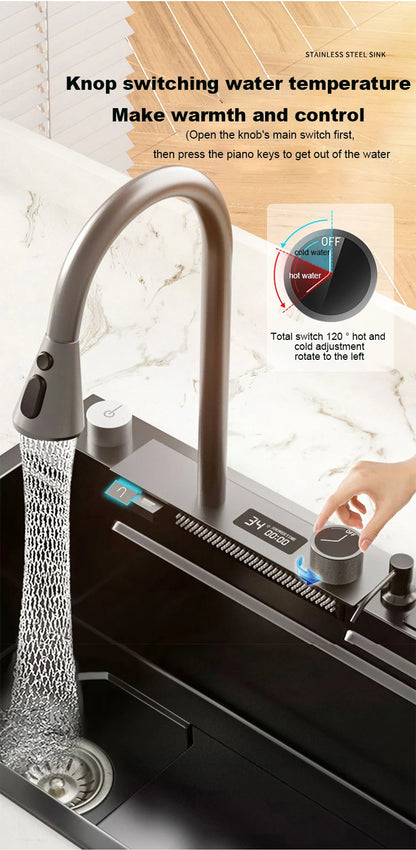 Küchenspüle, Wasserfallspüle aus Edelstahl, Digitalanzeige, große Einzelschüssel mit Multifunktions-Wasserfall-Wasserhahn, Waschbecken