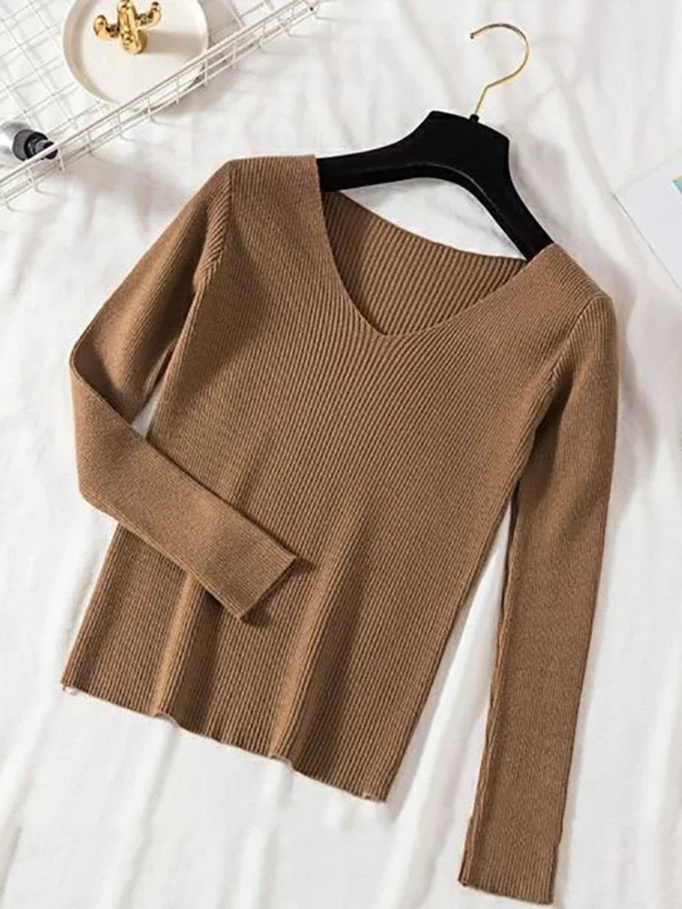 2025 mode V-ausschnitt Elastische Grundlegende Top Neue Frauen Pullover Herbst Winter Langarm Pullover Weibliche Winter Solide Strick Jumper.