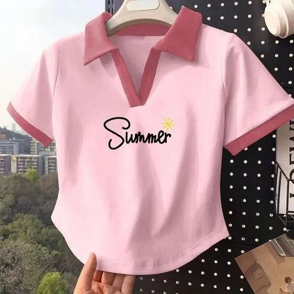Color Block Polo Neck T-Shirt Women Short Sleeve Classic Lettering Slim Fit V-Neck Top Short Style Cotton Casual Summer New.