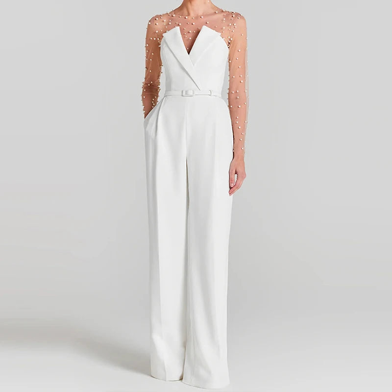 Sexy Bead Patchwork Slim Club Jumpsuit Spring Summer Casual Lady Slim One Piece Romper Fashion O Neck Long Sleeve Inner Playsuit.