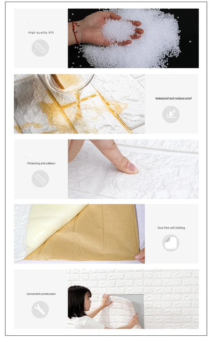 Self Adhesive PVC Waterproof Wallpaper For Home Decoration Peel and Stick 3D Foam Faux Brick Pattern Wall Stickers 70cmx2m