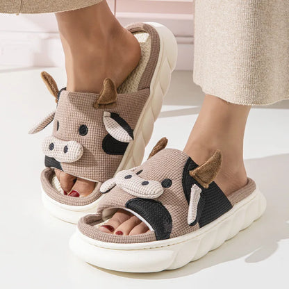 Shevalues Plush Cartoon Milk Cow Slippers Winter Women Slippers Furry Non-Slips Women Cotton Slides Couples Soft Cozy Flat Shoes